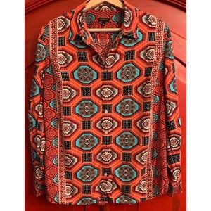 Talbot's Gorgeous Melon Coral Turquoise Geometric Roll Sleeve Shirt Blouse Sze S